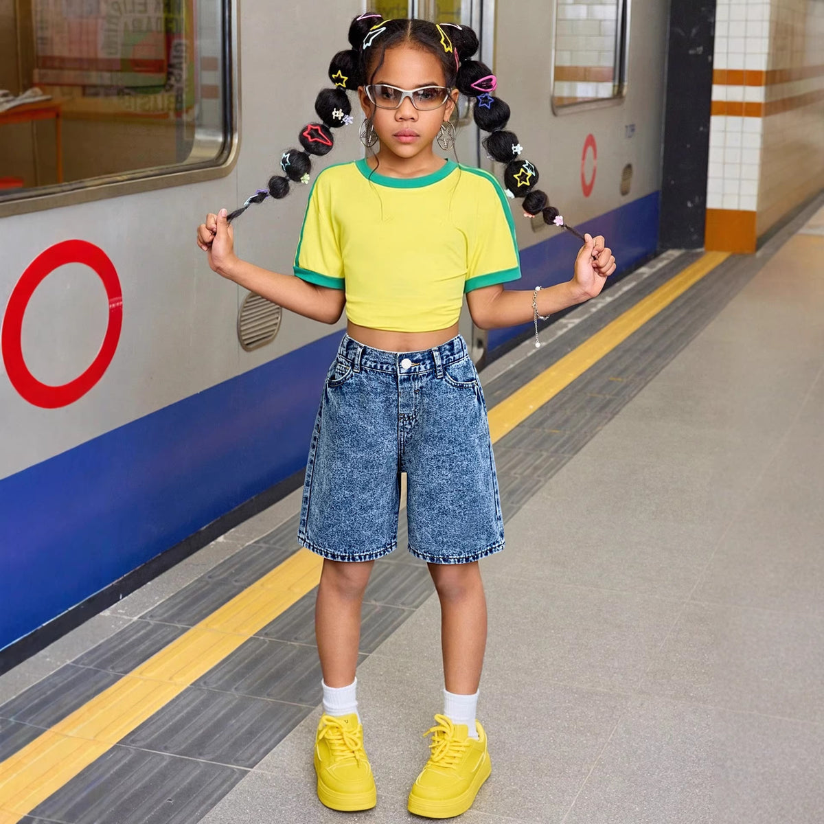 Washed denim girls' mid-length shorts
