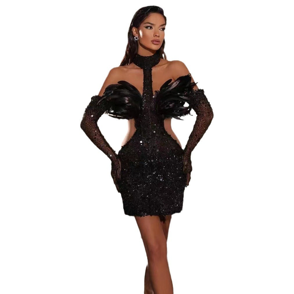 Robe Peintre Halter Paillettes Jupe courte avec Gants Robe