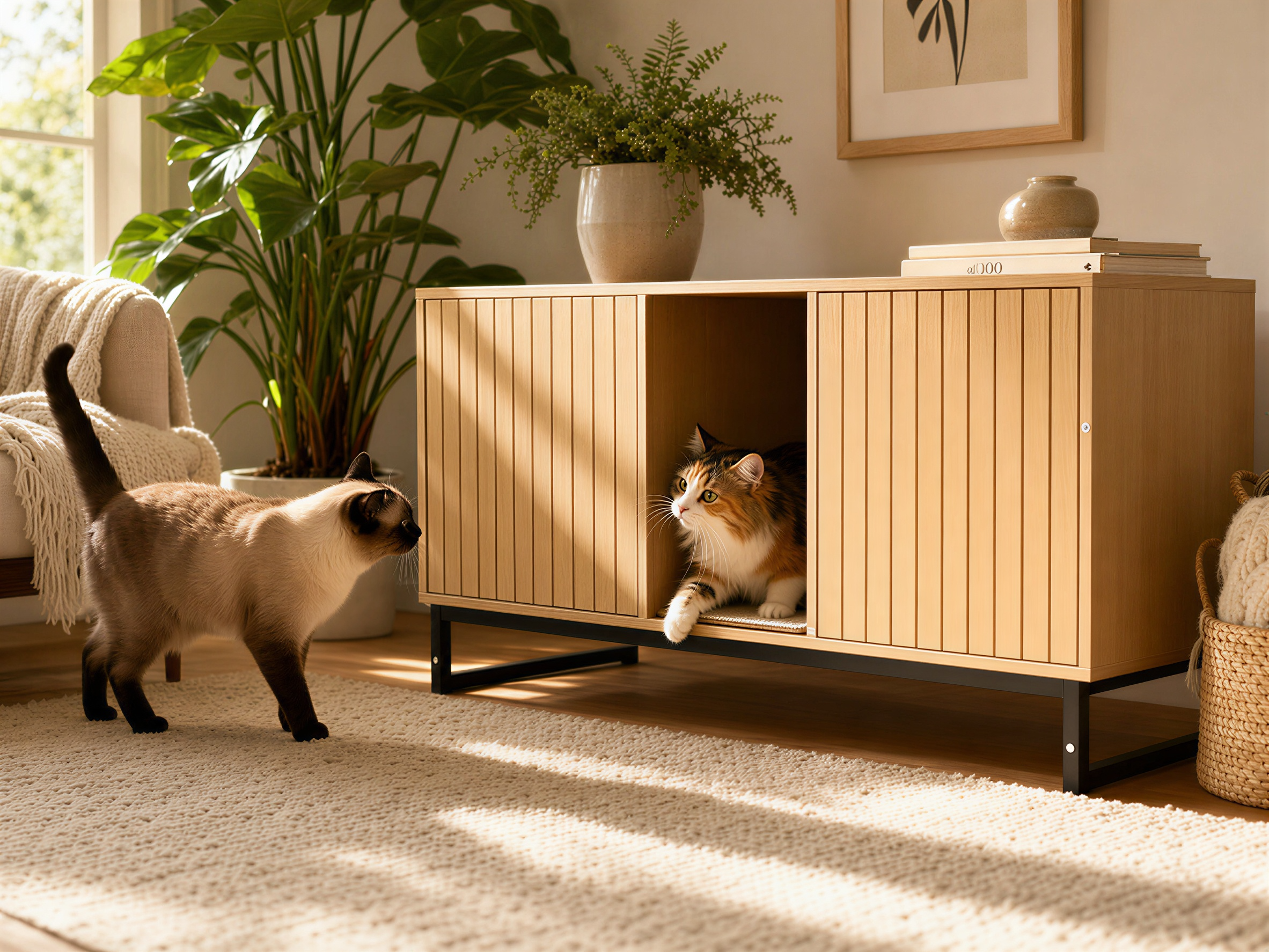 Maison de chat en bois moderne avec tapis de raclage - 47.64" x 21.46" x 25.98"