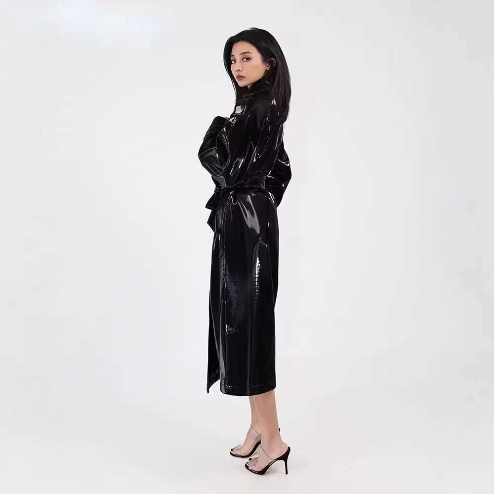 Femmes miroir-look cuir mode boîte de nuit longue tranchée manteau veste