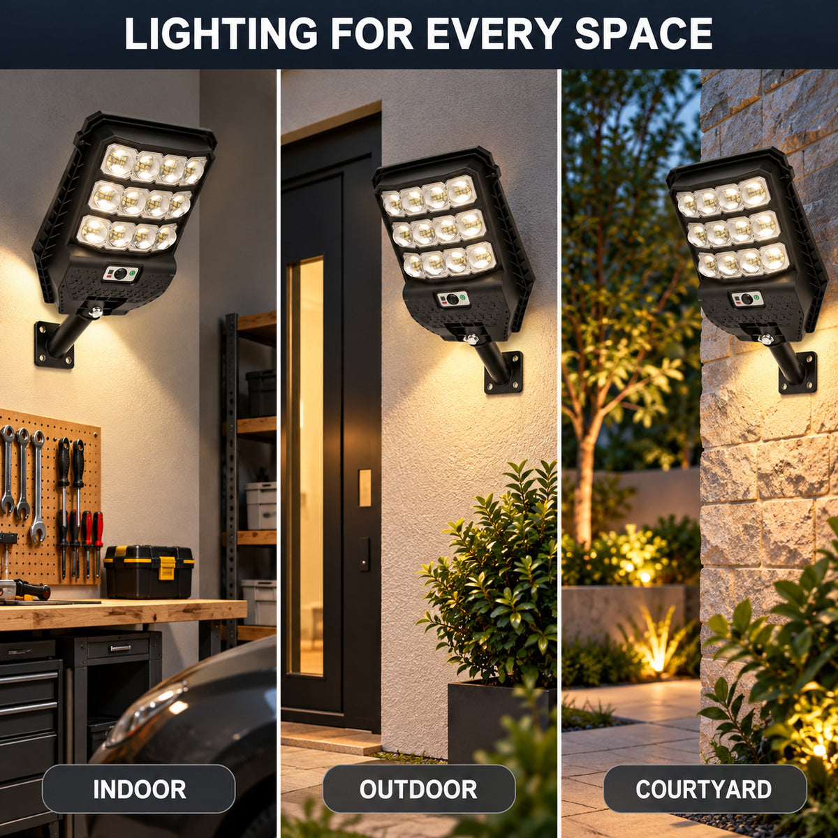 Solar Powered Motion Sensor Outdoor Light W7208 3 Noir pour Garden Yard Street Wall LED