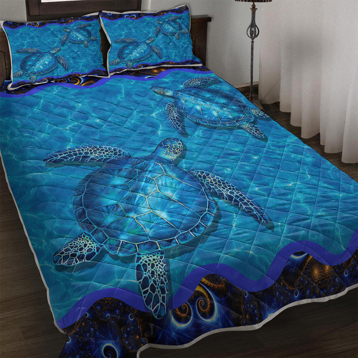 3-Piece Ocean Sea Turtle Printed Quilt Set Soft Microfibre Lightweight Bedspread Coverlet