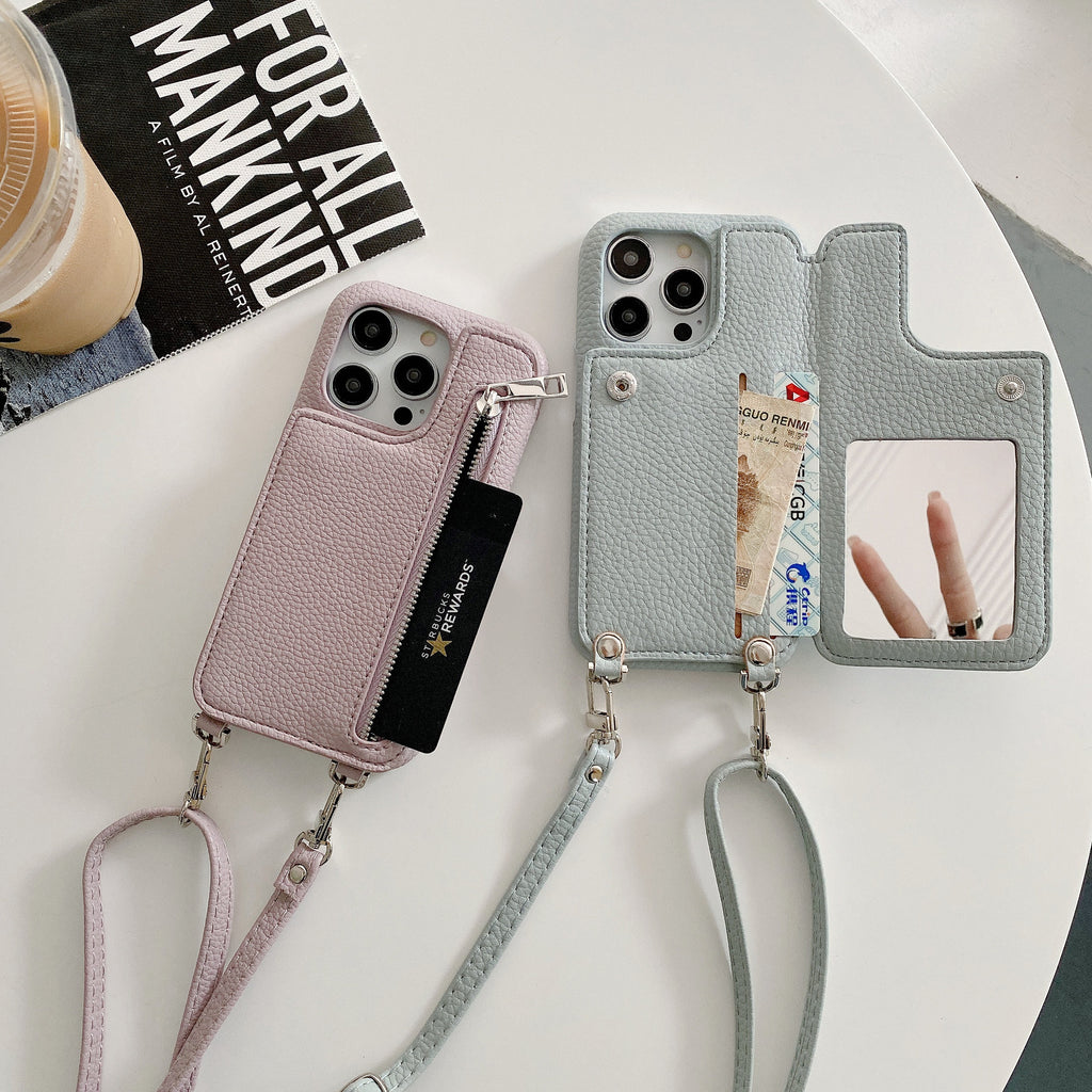 Cas téléphonique Lychee Pattern Insertion de carte Miroir de beauté Crossbody