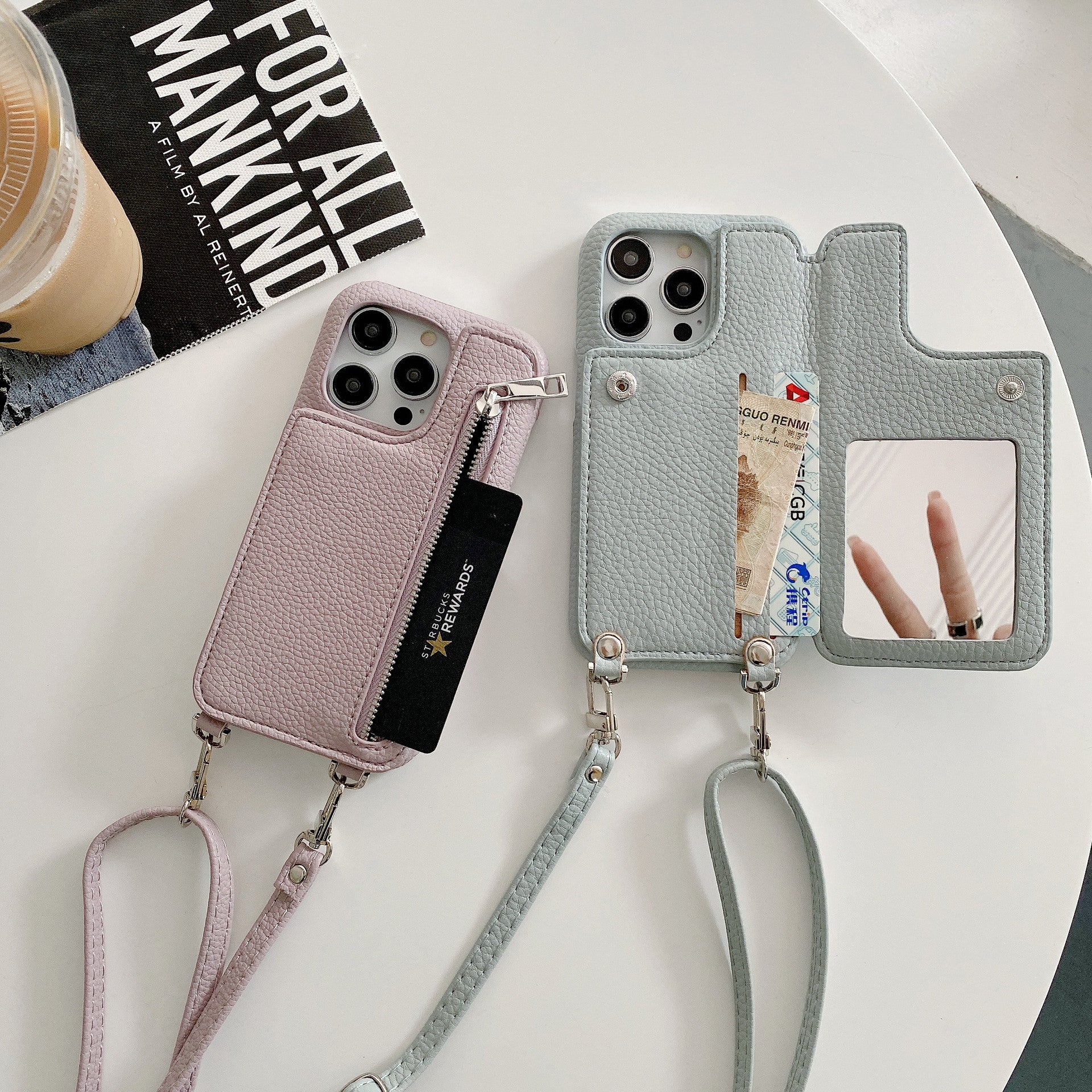 Cas téléphonique Lychee Pattern Insertion de carte Miroir de beauté Crossbody