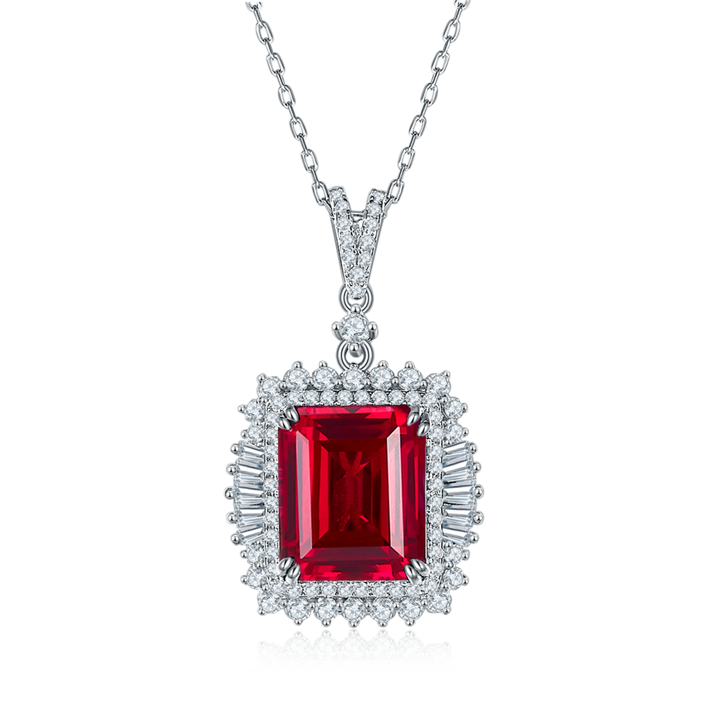 S925 Sterling Silver 10x12mm Lab-Grown Ruby Sapphire Emerald Halo Pendant Necklace