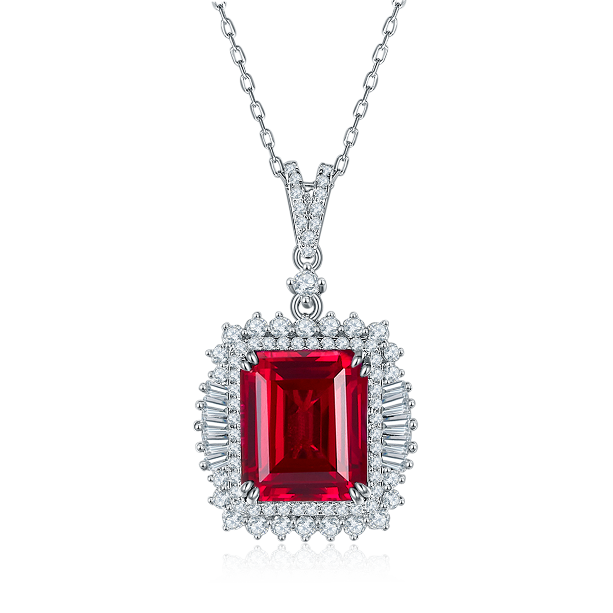 S925 Sterling Silver 10x12mm Lab-Grown Ruby Sapphire Emerald Halo Pendant Necklace