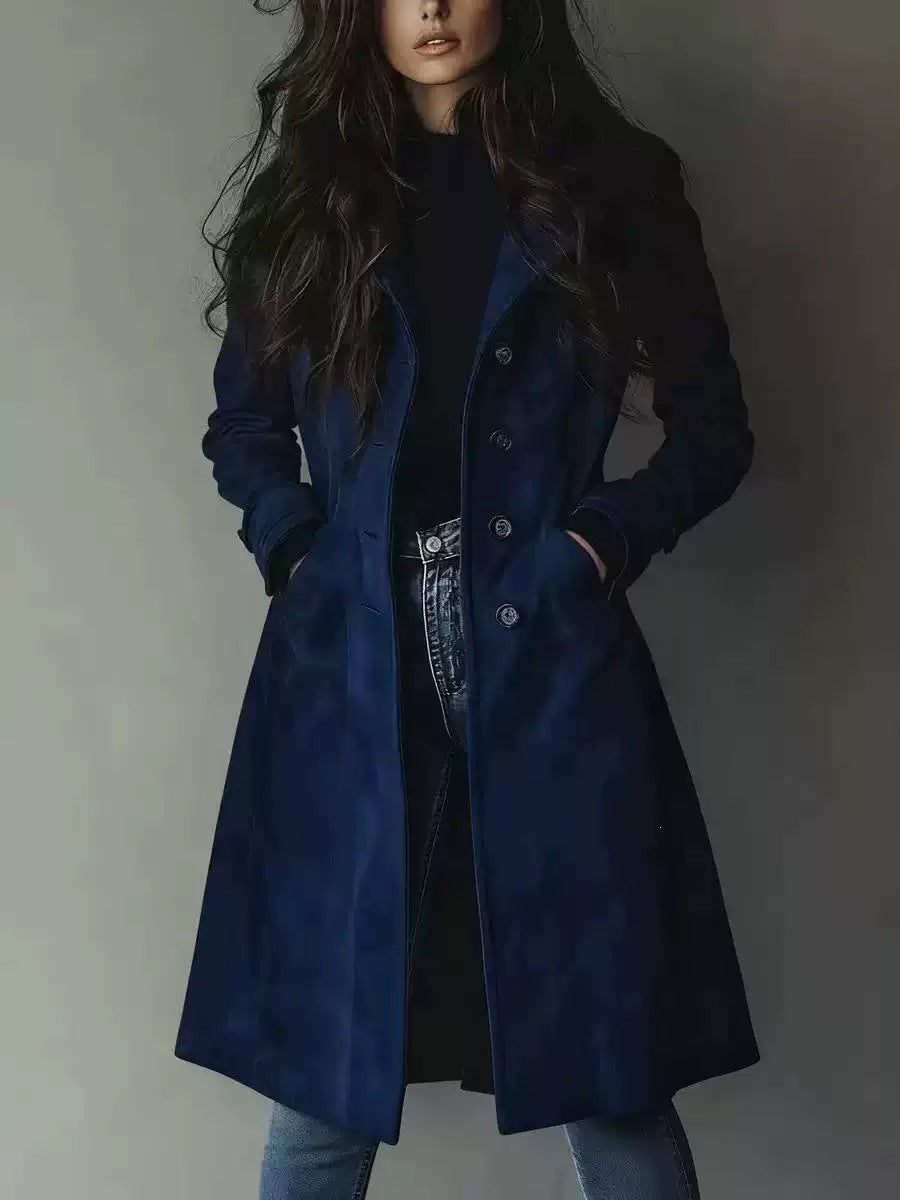 European American Style Women's Fall Winter Lapel Suede Mid-Length Trench Coat