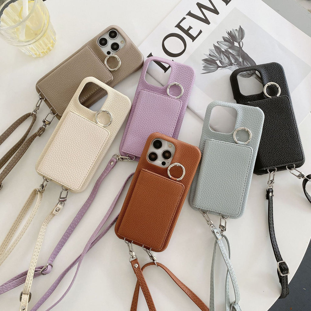 Motif Lychee Gauche et Droite Ouvert Miroir Beauté Étui de téléphone Lanyard