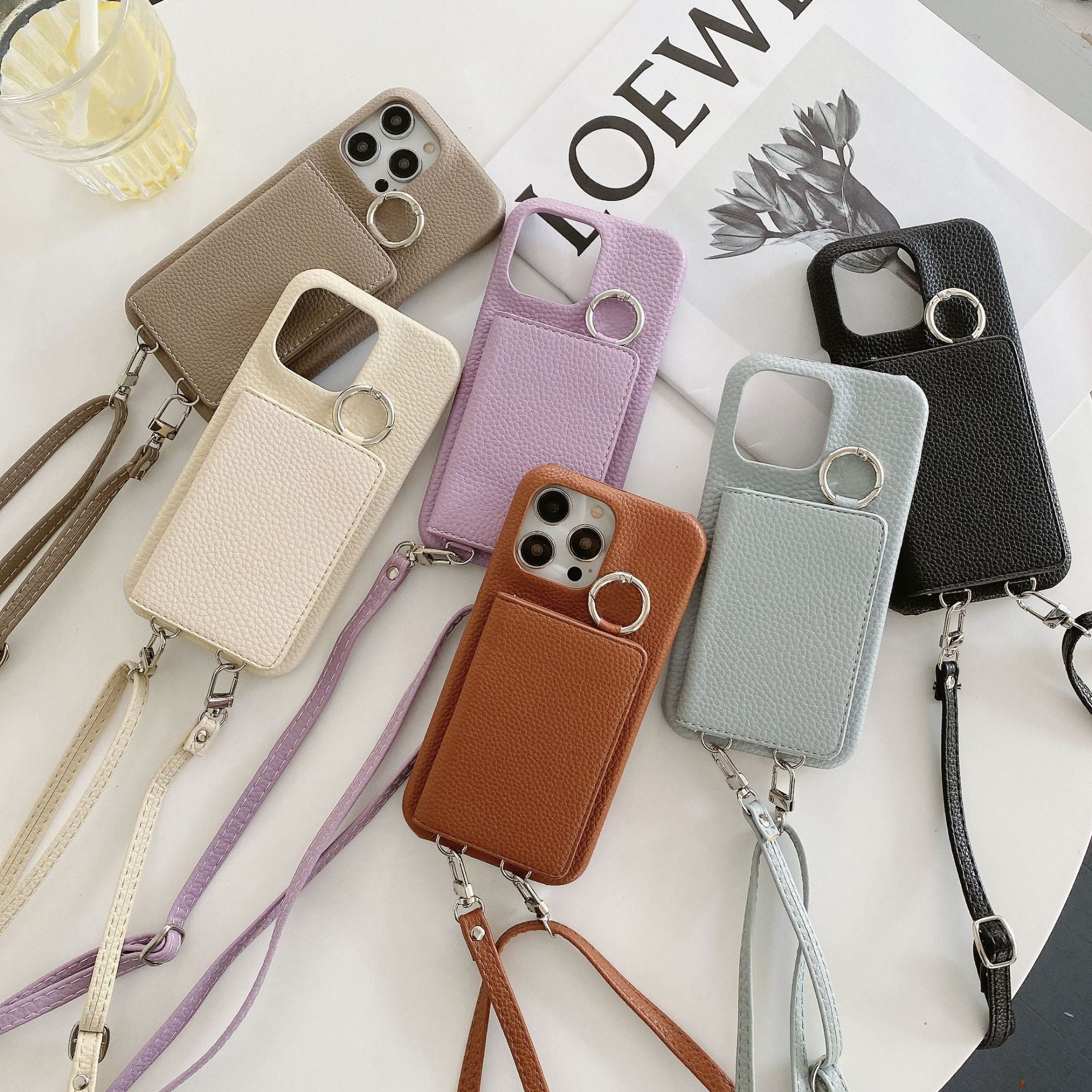 Motif Lychee Gauche et Droite Ouvert Miroir Beauté Étui de téléphone Lanyard