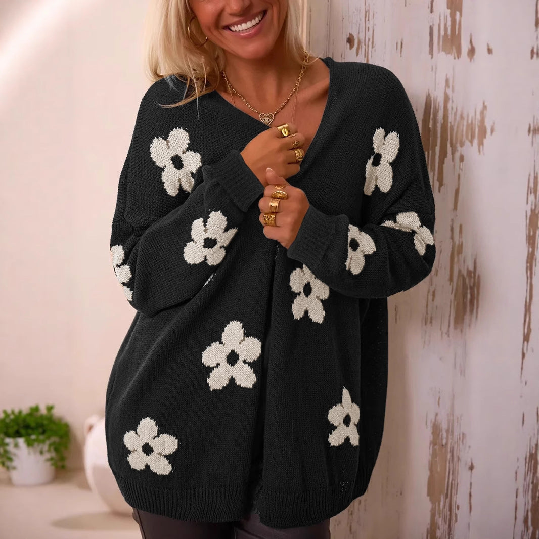 Manteau de cardigan à mailles plus grandes, imprimé floral féminin