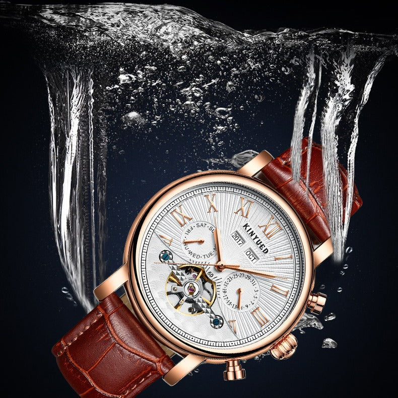 Montre mécanique automatique en cuir véritable homme Hollow Out