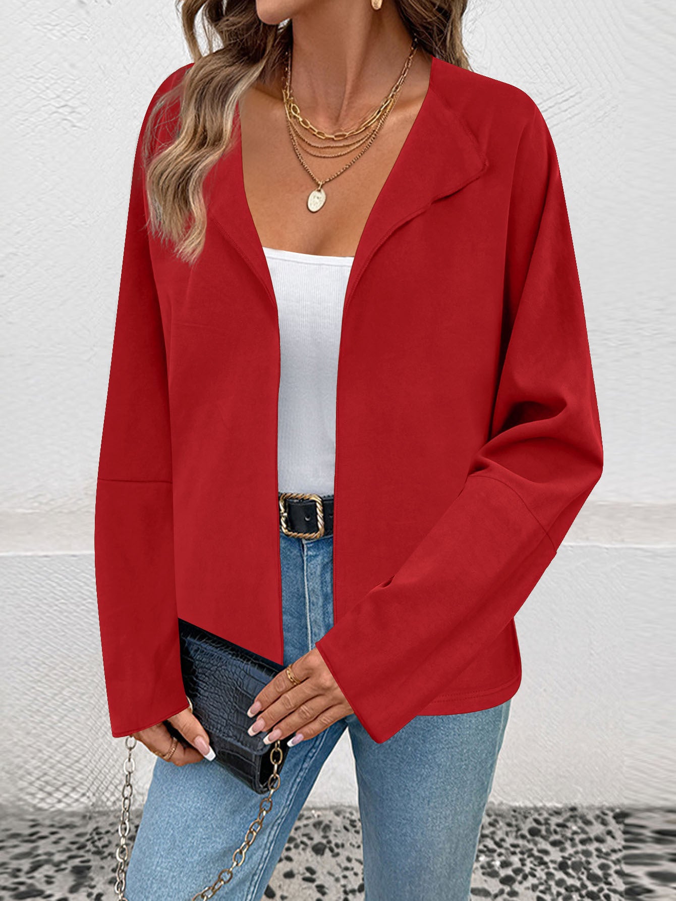 Femmes Ouvert Avant Blazer Veste Lapel Collar 3 4 Manches Casual Loose Solid Couleur Carte courte