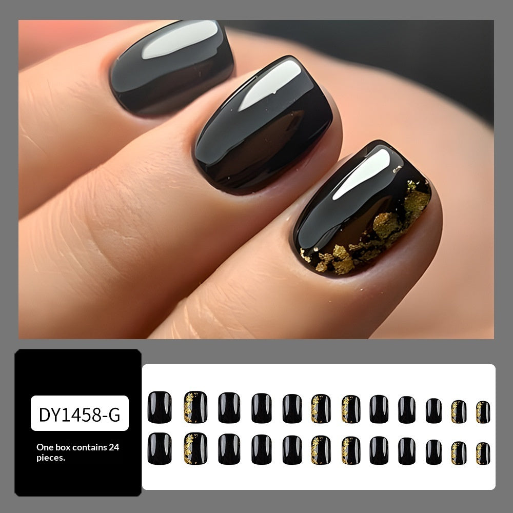 Stickers 24 Pièces de Nail Acrylique Carré Court - Black False Nails avec Foil Or et Gli