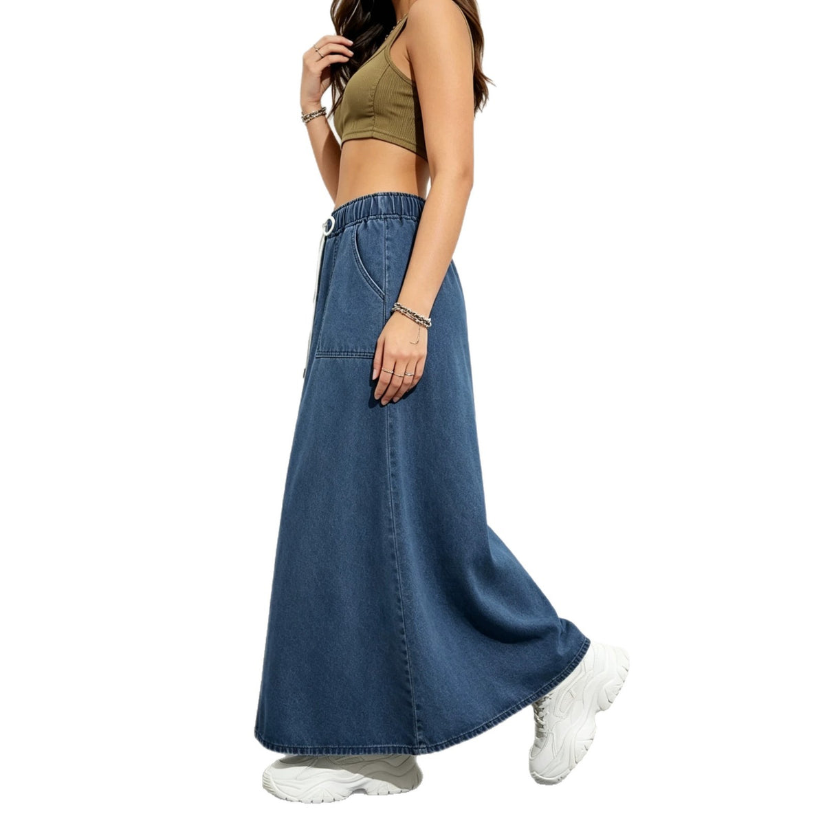 Jupe en Denim à coupe molle pour femmes avec une large taille d'ourlet et élastique