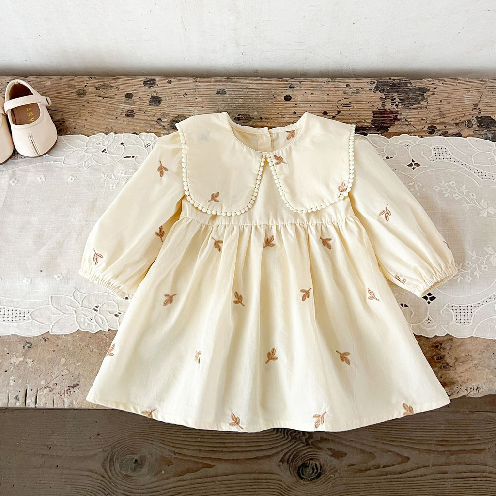 Filles Papillon et Leaf Brodé Lapel Robe à manches longues