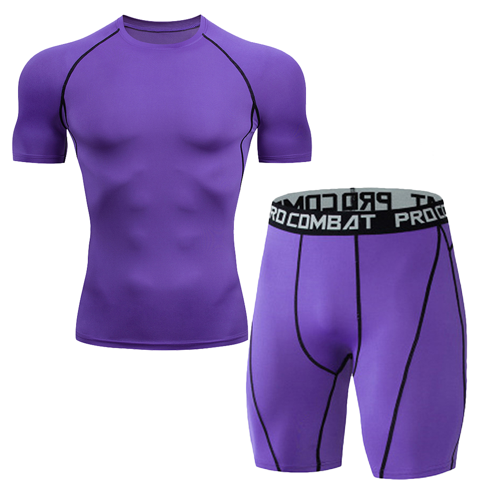 Hommes Quick Dry Compression costume 2 pièces Athletic Short Sleeve Tight Chemise Elastic Waist Sp