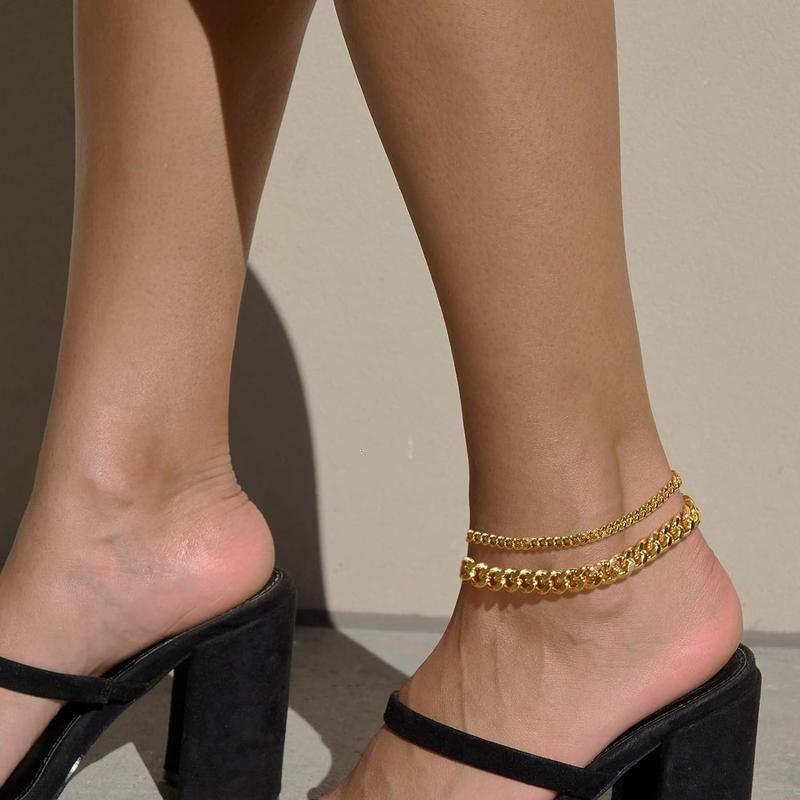 Bijoux de pied à double couche empilables en acier inoxydable à chaîne cubaine