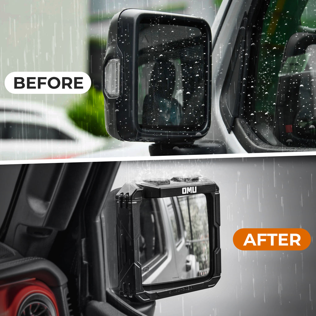 OMU Genesis Series Aluminium Rearview Mirror Rain Shield Cadre pour 2018+ Jeep Wrangler JL &