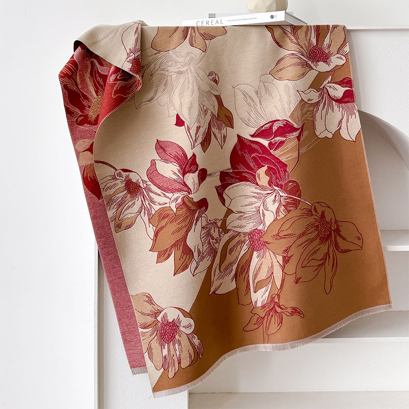 Paysage de style chinois et écharpe au look cachemire floral