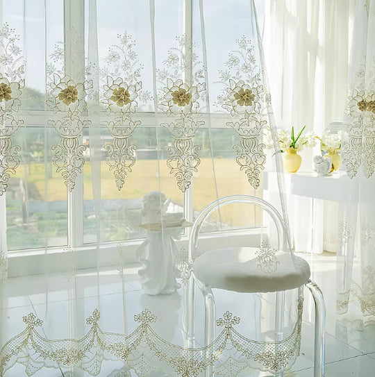 Embroidered curtain with thick black relief design Floor-length curtain