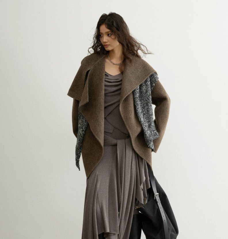 Style nomade Ebony Brown Manteau de laine à double face fabriqué à la main