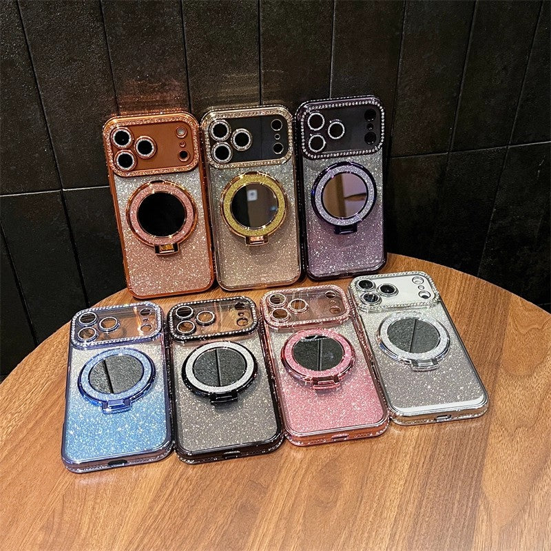Étui téléphonique Bord de Strass Glitter Maquillage Miroir Support Aspiration magnétique