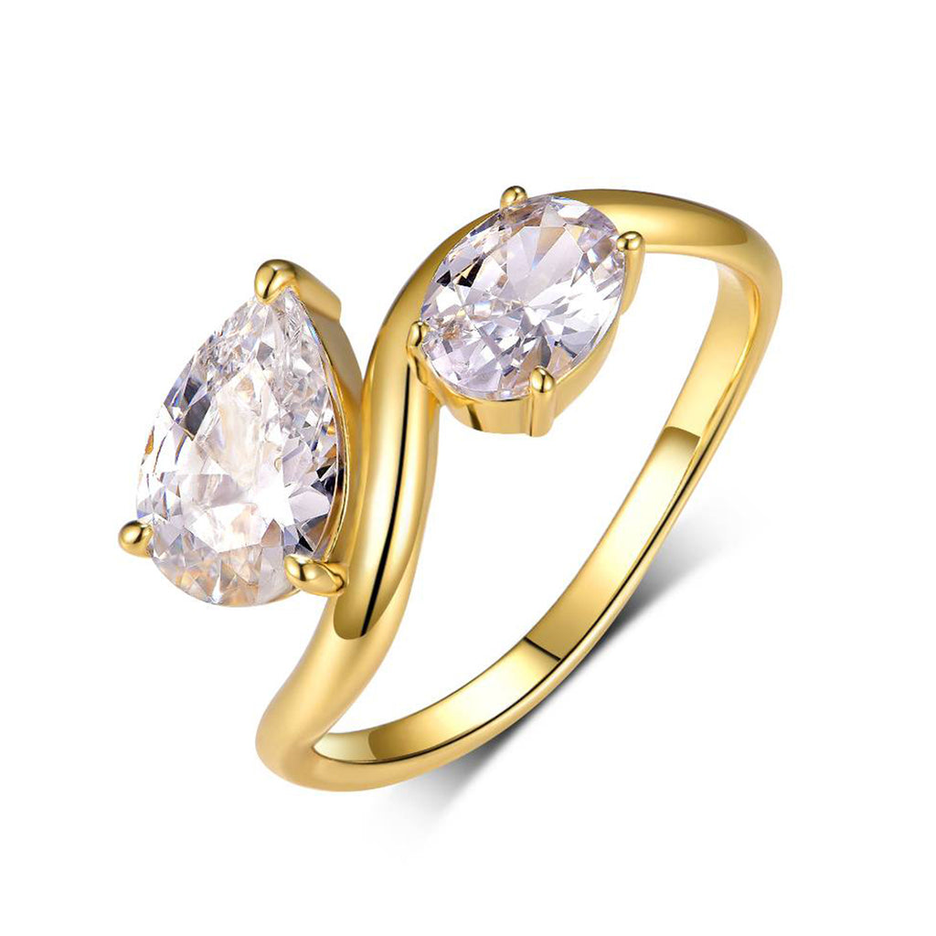 S925 Poire plaquée or argentée & Ovale Moissanite Toi Et Moi Ring 2.6g D Couleur VVS1 US Taille 6