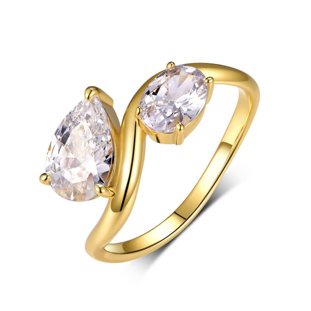 S925 Poire plaquée or argentée & Ovale Moissanite Toi Et Moi Ring 2.6g D Couleur VVS1 US Taille 6