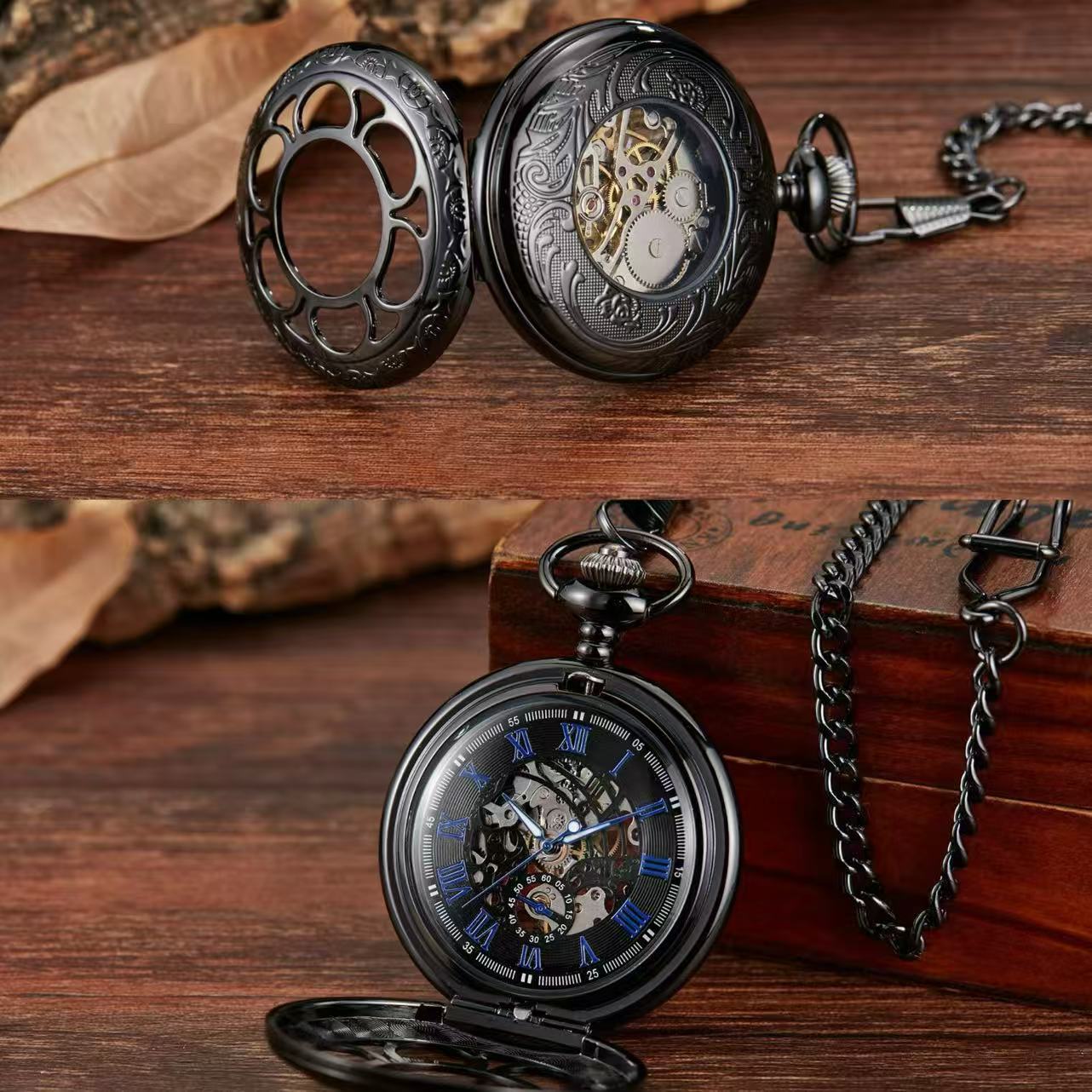 Montre de poche mécanique Pétale bleue noire