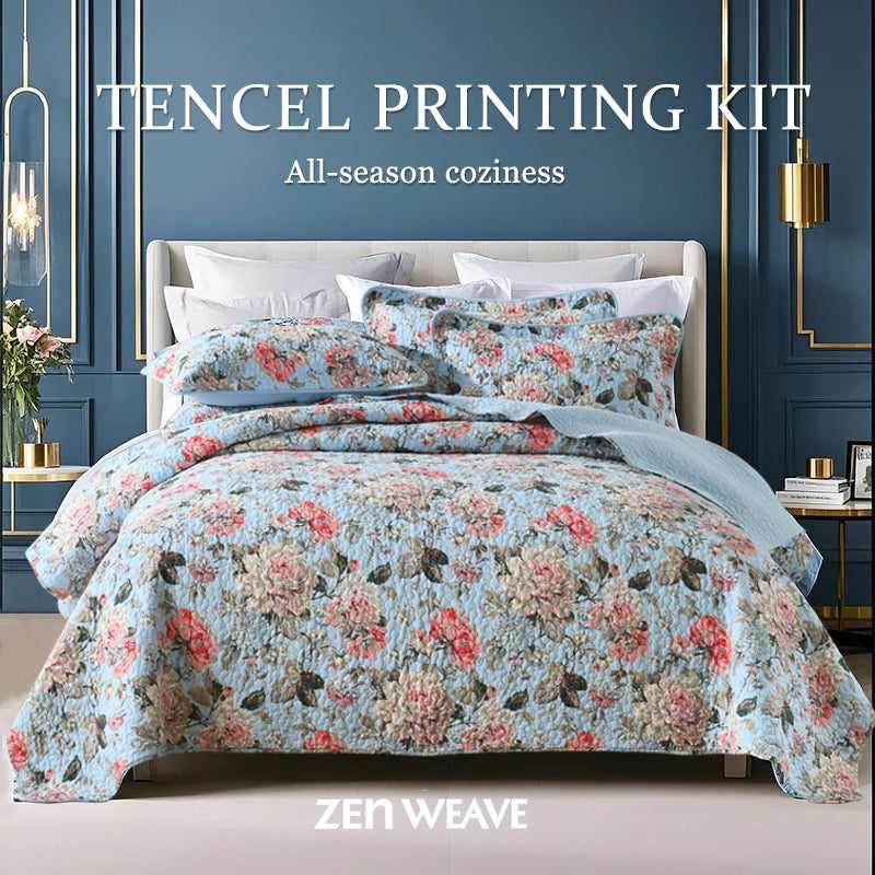 Cotton Reversible Quilt Bedspread Set Vintage Victorian Floral Toile Print Coral  Peony Blue Background Oil Painting Art 3-Piece All Season Reversible