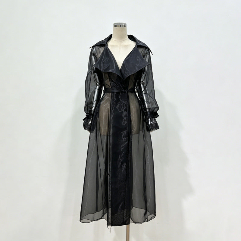 Sheer Organza Trench-Style Maxi Coat