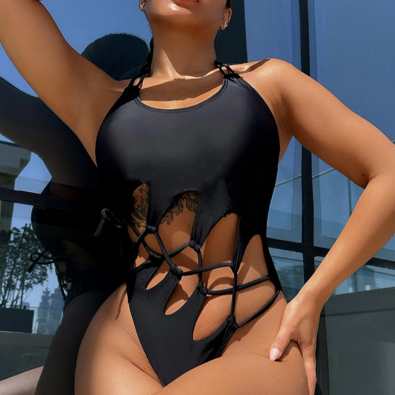 I Solid-color Sangle Hollow-out maillot de bain une pièce