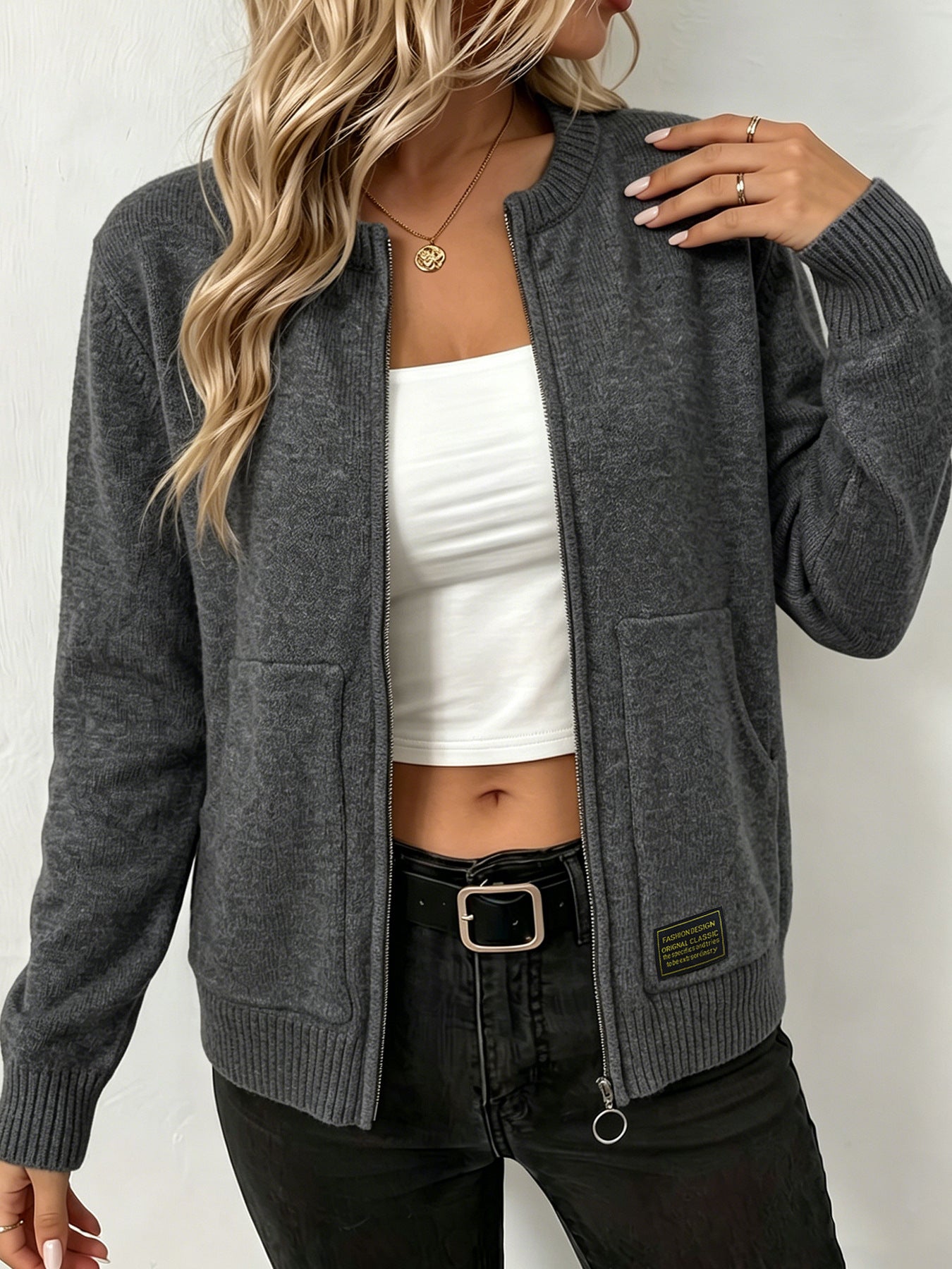 Cardigan tricoté couleur solide pour femmes avec fermeture éclair