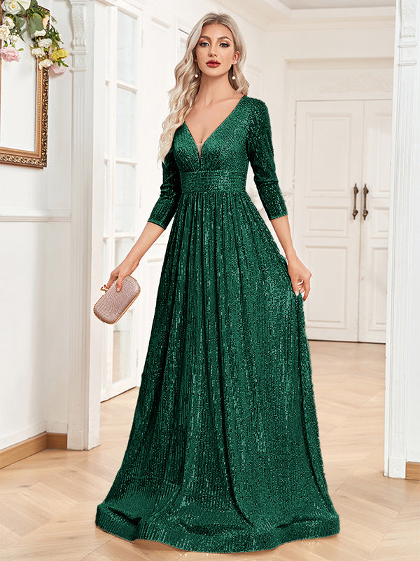 Robe de haute tenue de soirée à col V pailleté d'automne