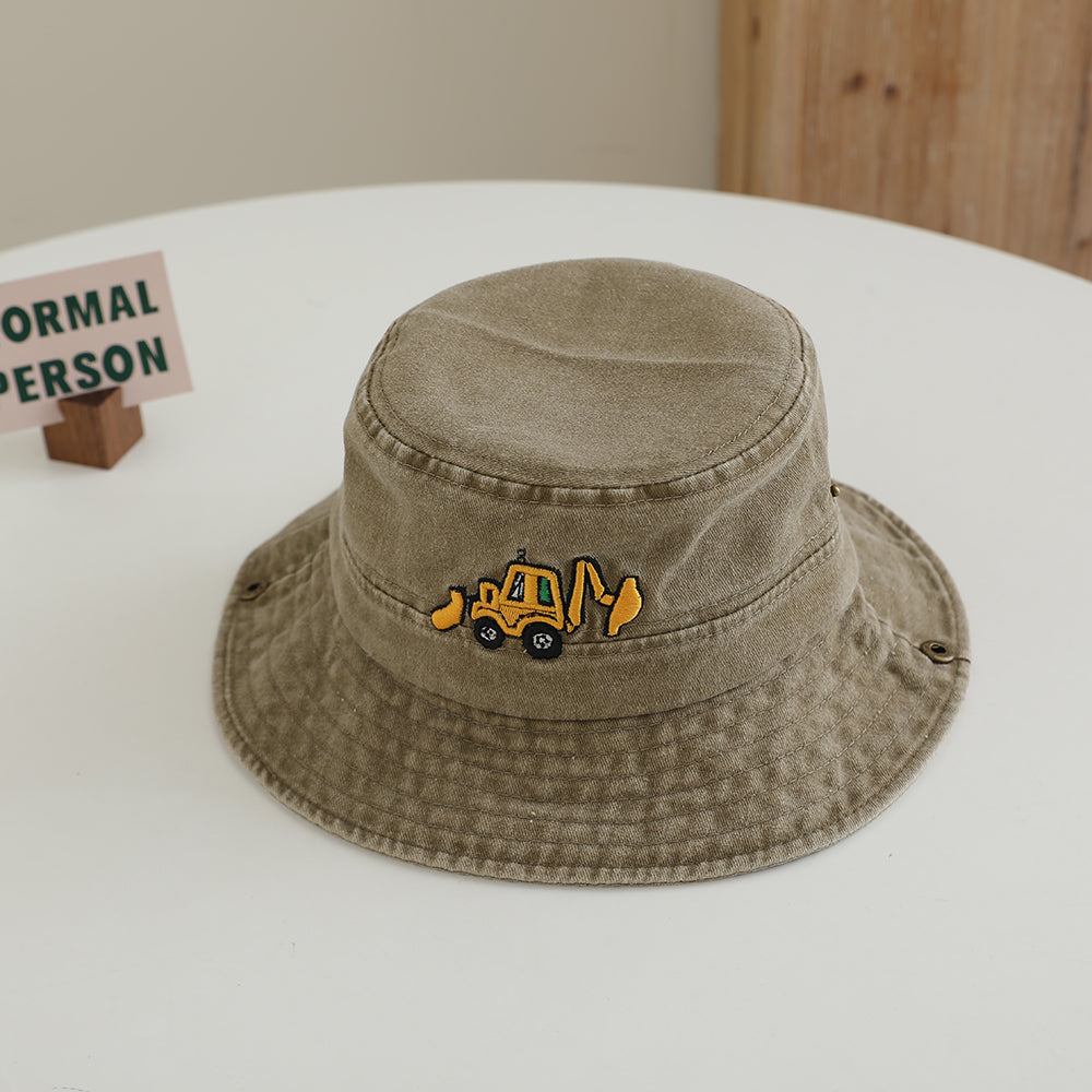 Chapeau à franges pour mini-excavateur brodé de dessin animé pour enfants avec corde et bord réglable