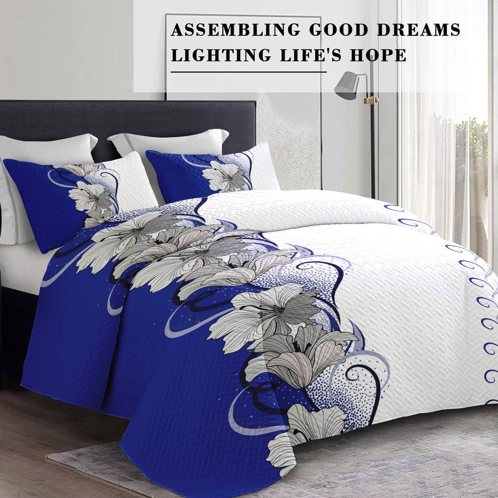 9-Piece bleu et blanc lotus couvre-lit et rideau pour roi