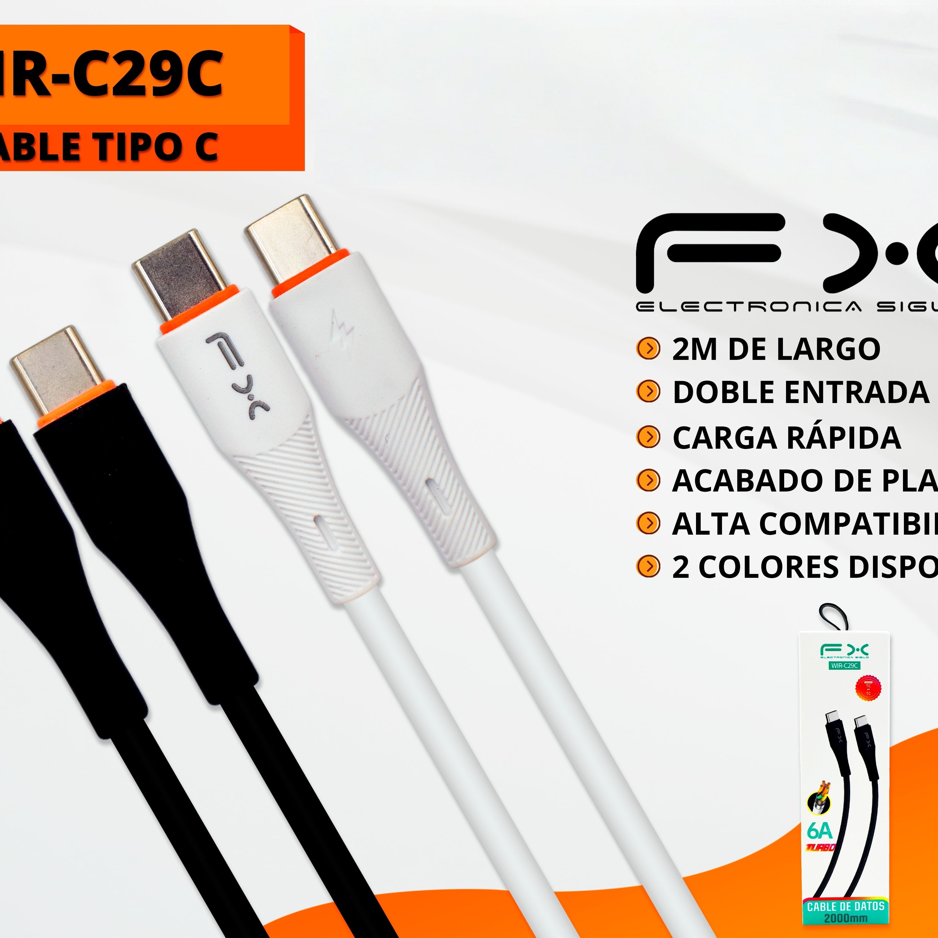 Type-c Câble de recharge à double extrémité 6a Charge rapide 2m Blanc