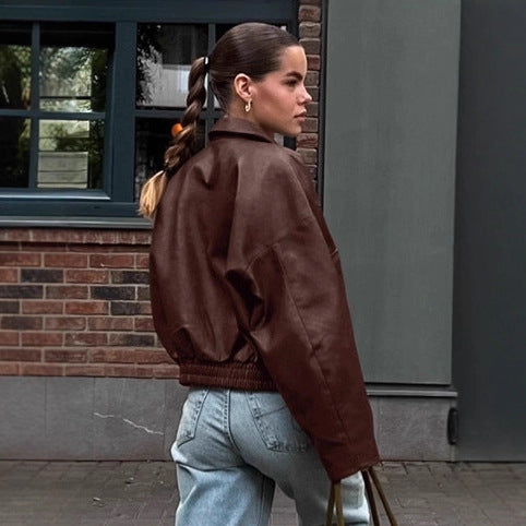Retro AutomneHiver Vieux Style d'argent Veste en cuir pour les femmes