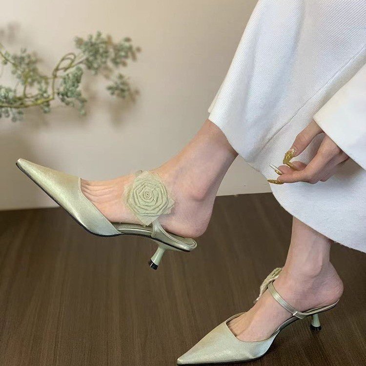 Femmes High Heel Chinese Style Floral Retro orteil fermé Mule Slippers Spring Summer Outdoo