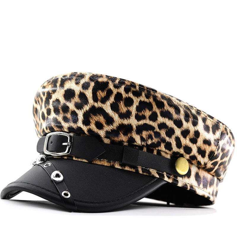 Lady Leopard-print PU Cuir Bold Stud Belt Design Beret avec Retro British Style Metal F