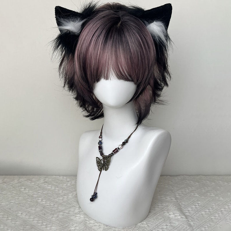Perruque pour les femmes noir et rose Ombre Siamese Cat Layered Mullet Cosplay Headpiece