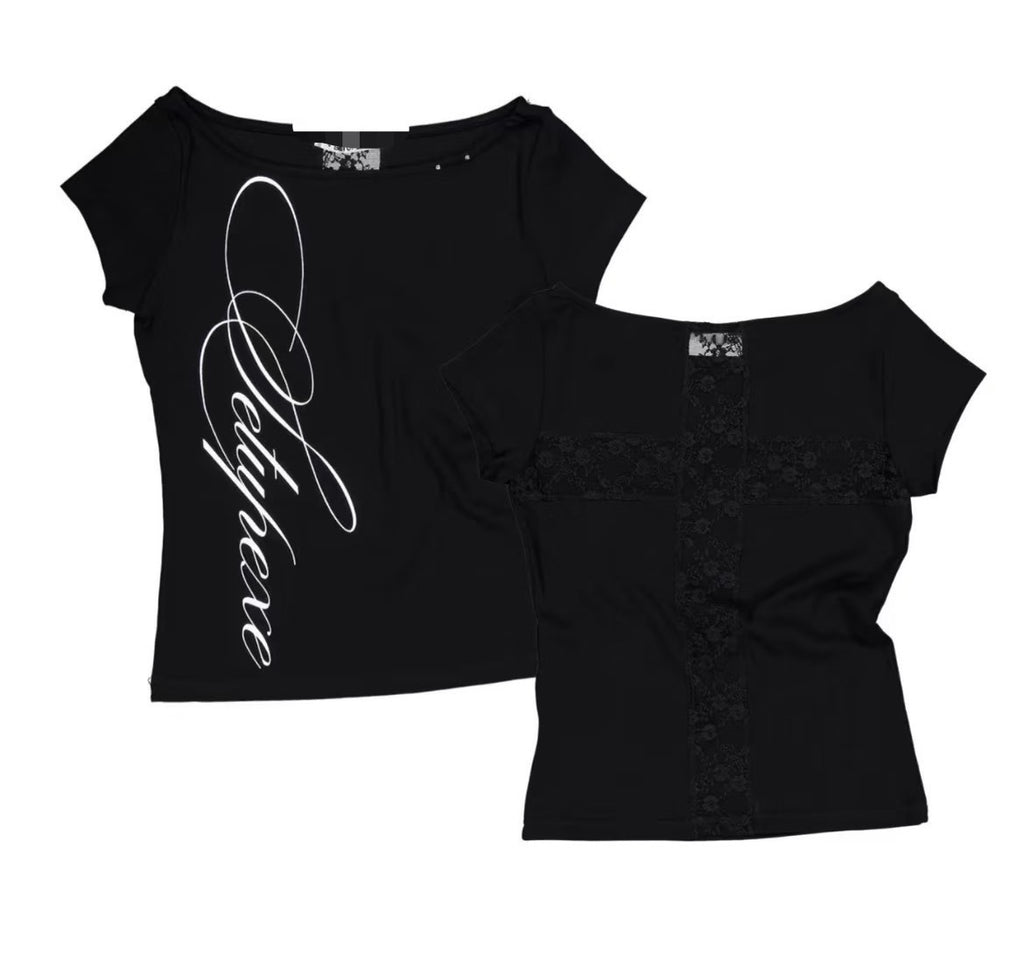 Dentelle Cross Sans dos Menthe Vert Manches Courtes Hors-Sholder T-shirt Femmes Top