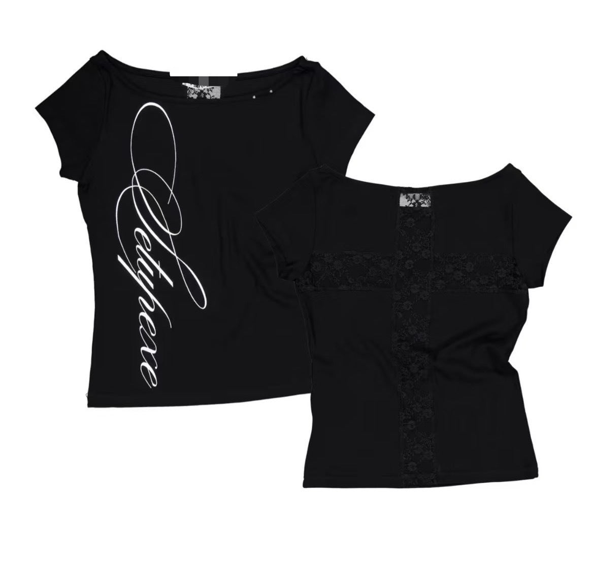 Dentelle Cross Sans dos Menthe Vert Manches Courtes Hors-Sholder T-shirt Femmes Top