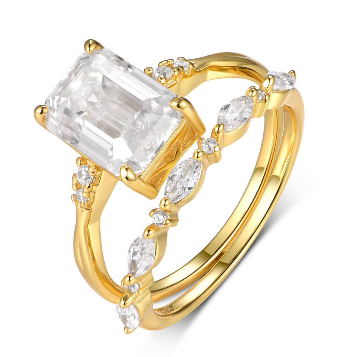S925 Argent plaqué or 3,5ct Coupe émeraude Moissanite bague de mariage ensemble D Couleur VVS1 Taille US