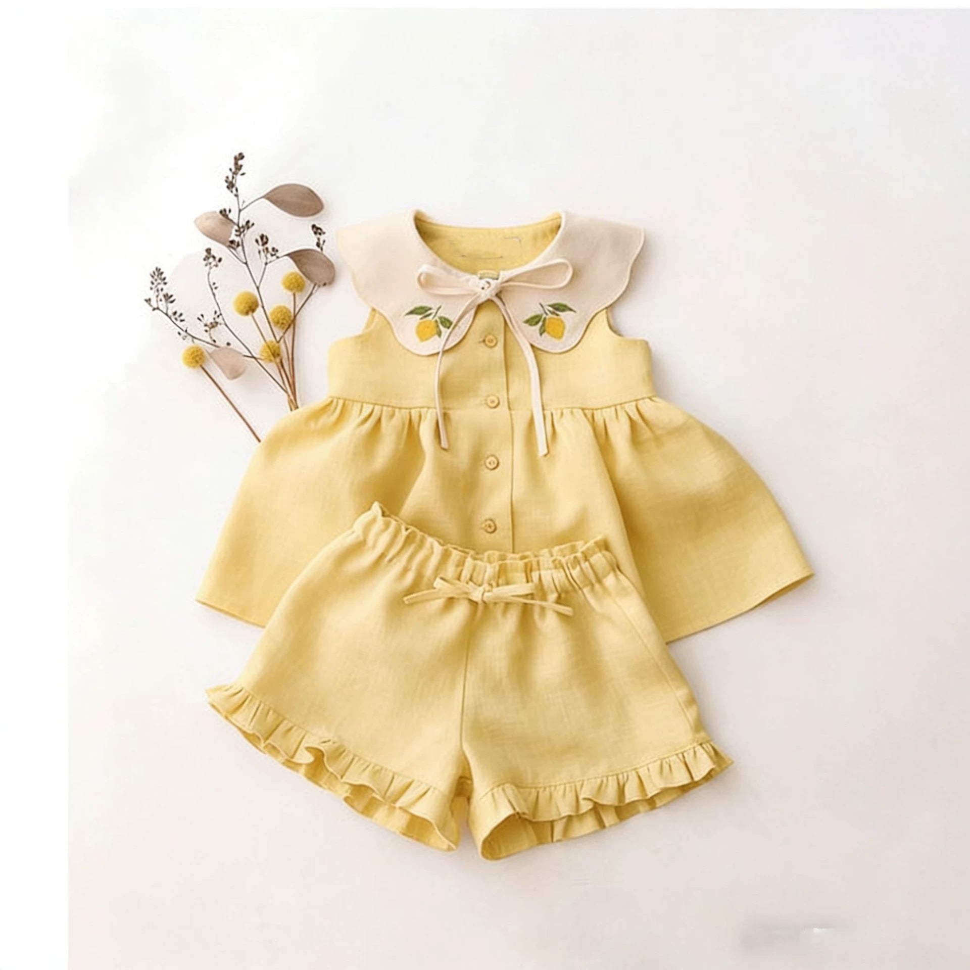 Enfants sans manches Broded-Neck Top et shorts ensemble à deux pièces