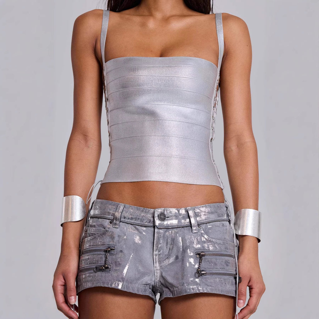 Fashionnable Nouveau style Sexy Streetwear Solid-color Zip-up Camisole