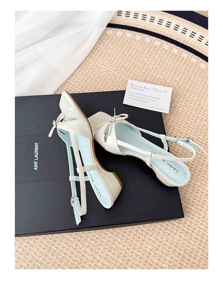 Femme Été Mode Française Versatile OneStrap Strass Bow SquareToe OpenToe Elegant