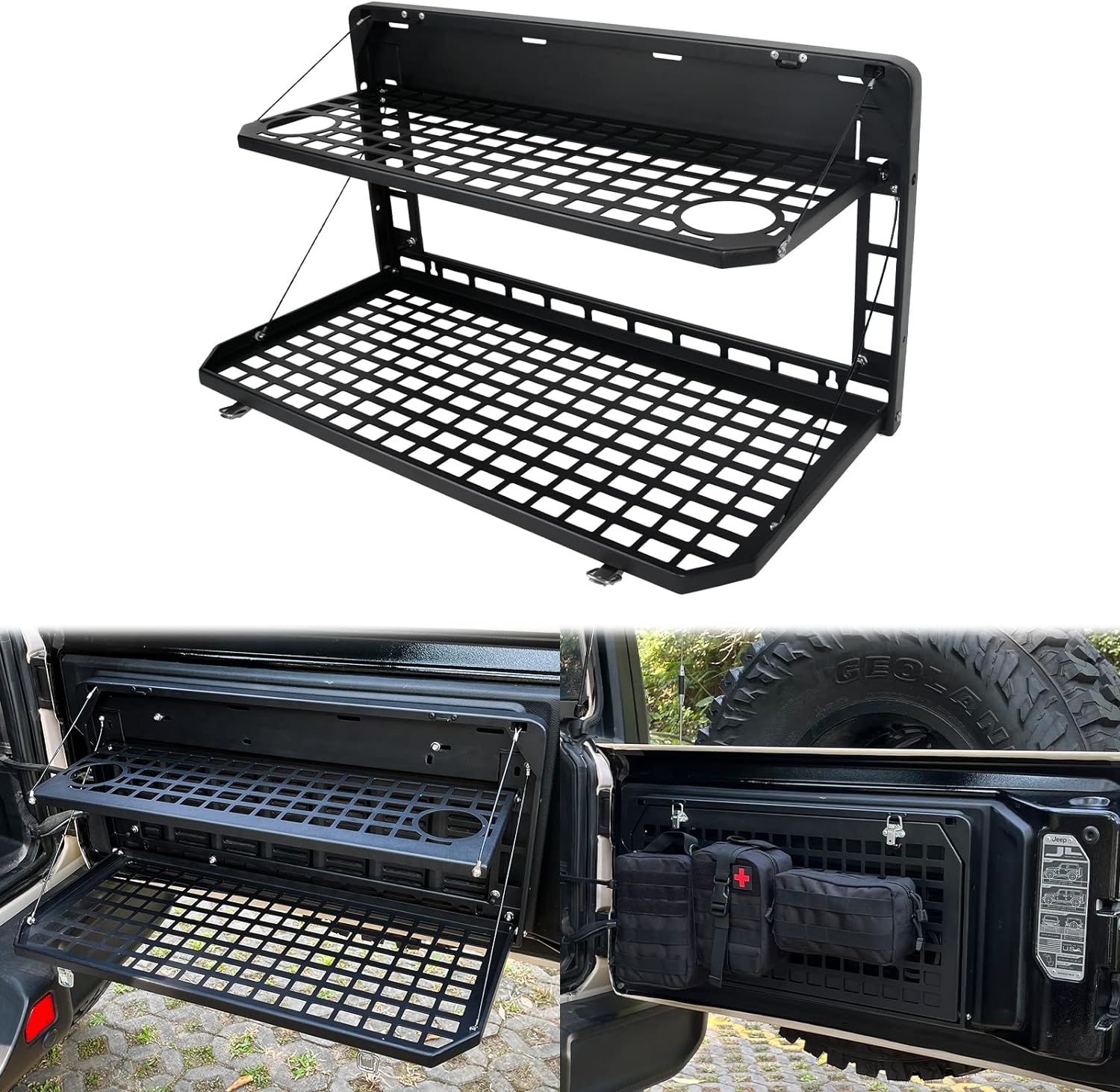 Table de hayon 2 étages arrière Rangement pliable Cargo Rack Bureau de camping extérieur pour 2007- Jeep