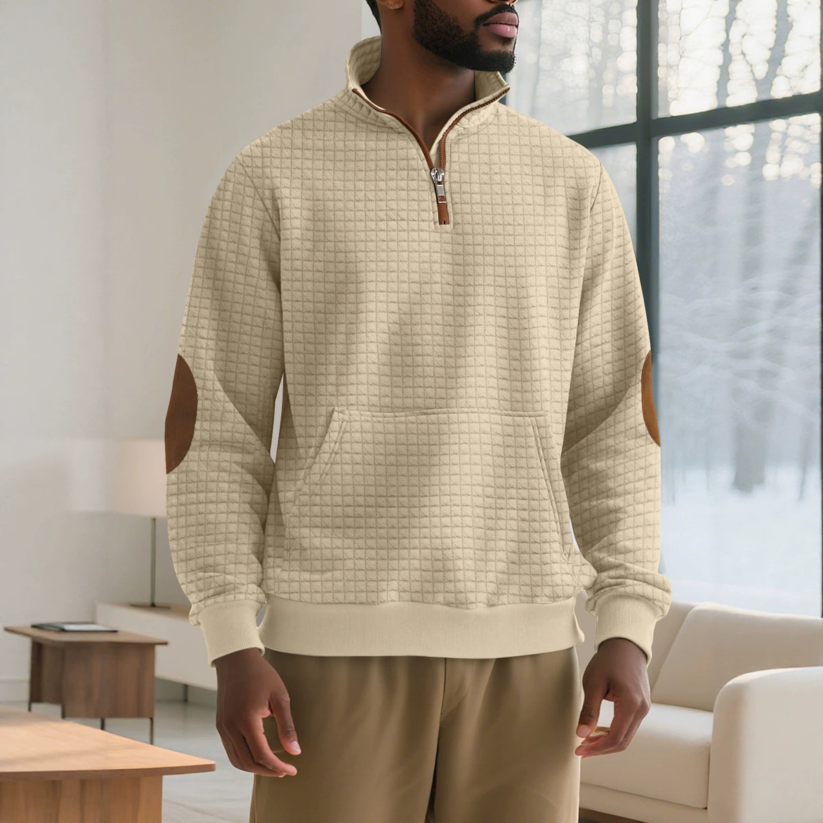 Amazon Homme Automne & Hiver Demi-Zip Suede Jacquard Petit chèque Long-Sleeve Stand Collar