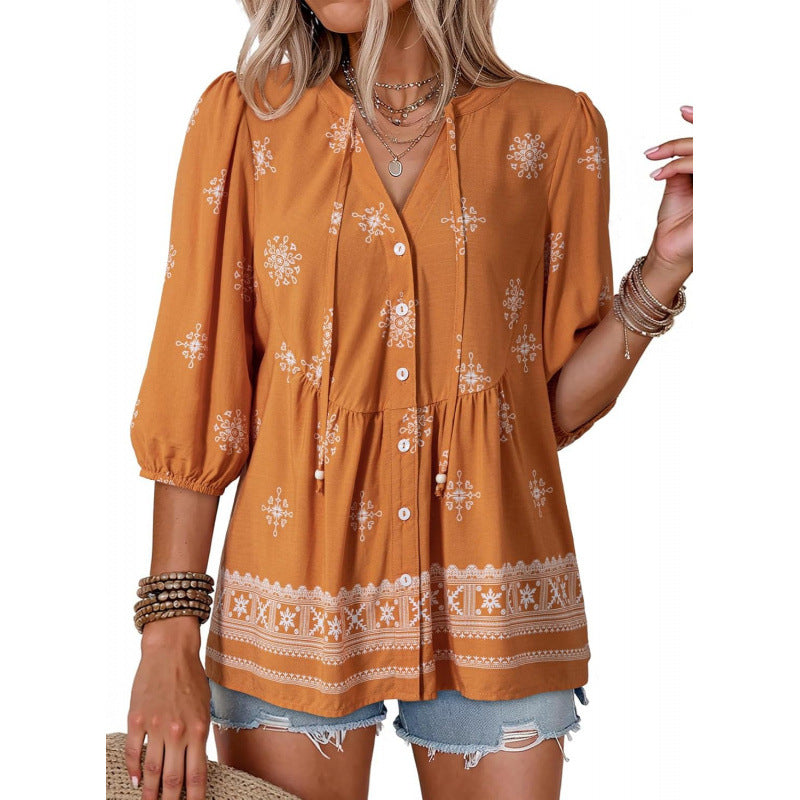 Bohemian Floral Manches courtes Bouton-up col V Ruffled Doll style Casual Loose-fit Blouse